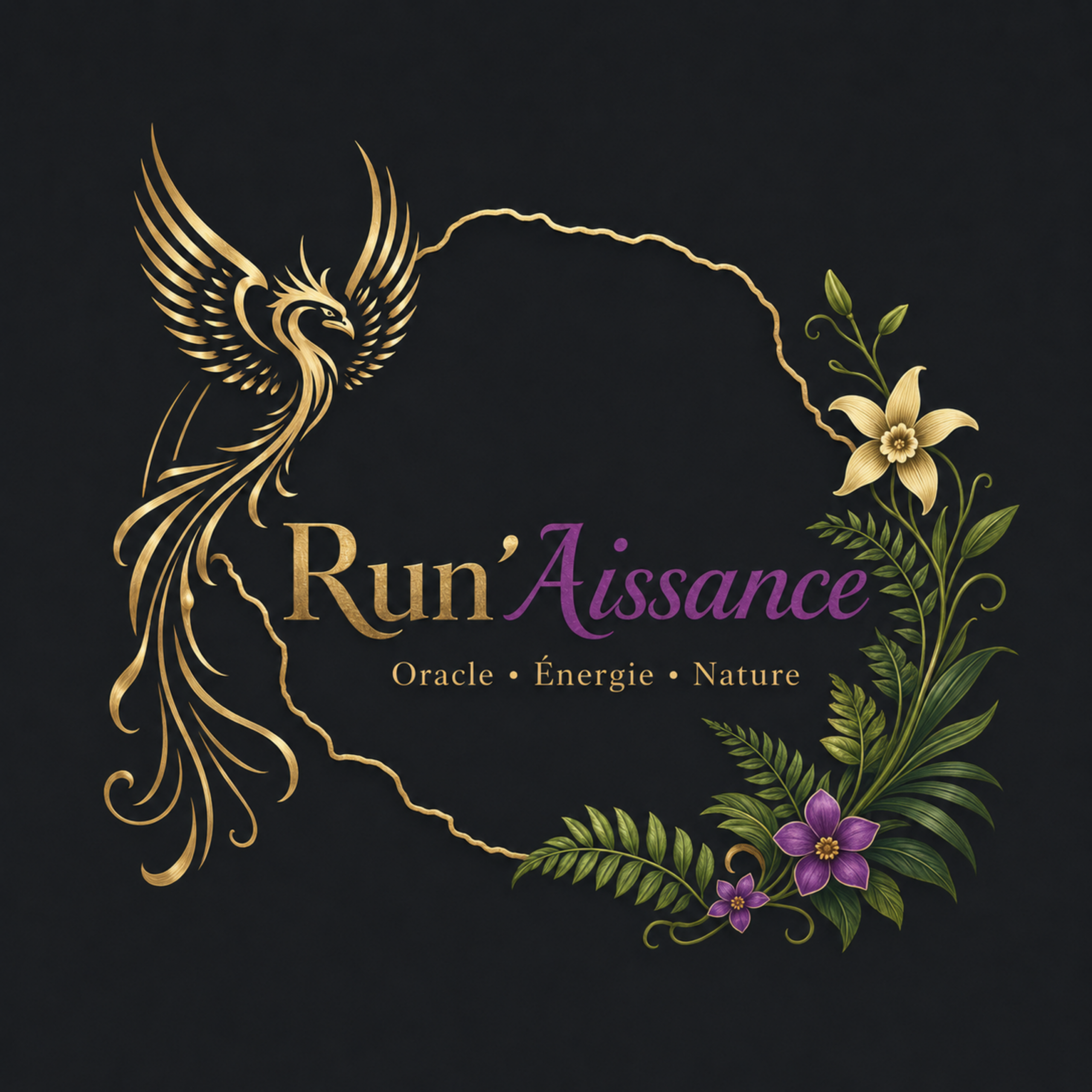 Logo Run’Aissance avec phénix doré, île de La Réunion et fleur violette
