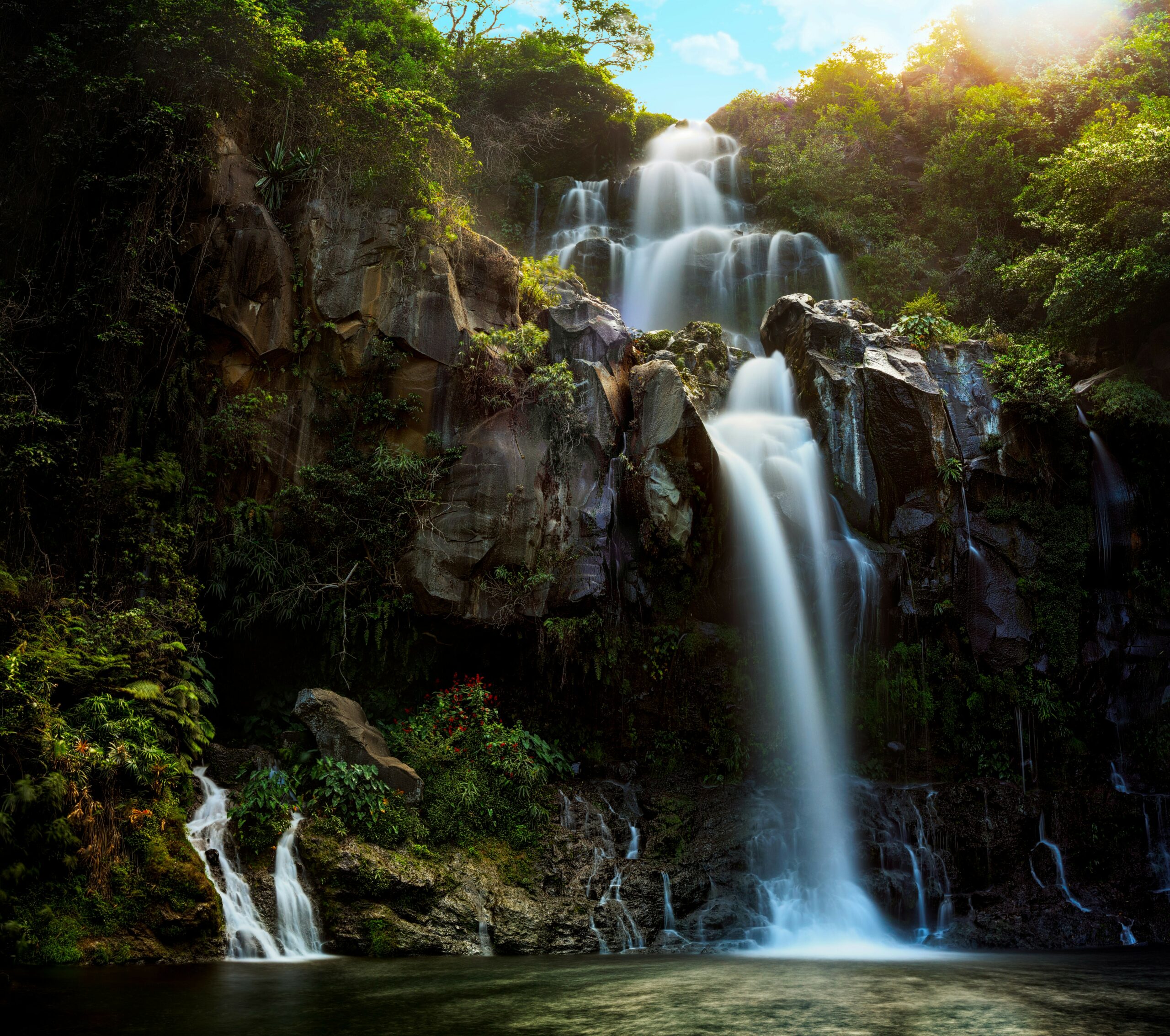 Cascade entourée de végétation tropicale, symbole de ressourcement et d’équilibre