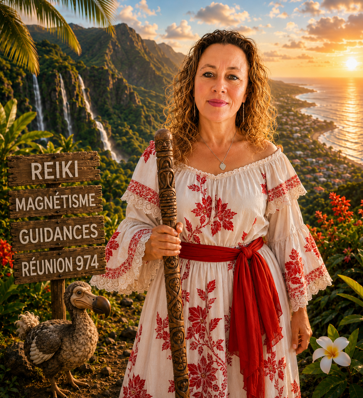 Illustration de Valérie Pena présentant le Reiki, le magnétisme et les guidances à La Réunion