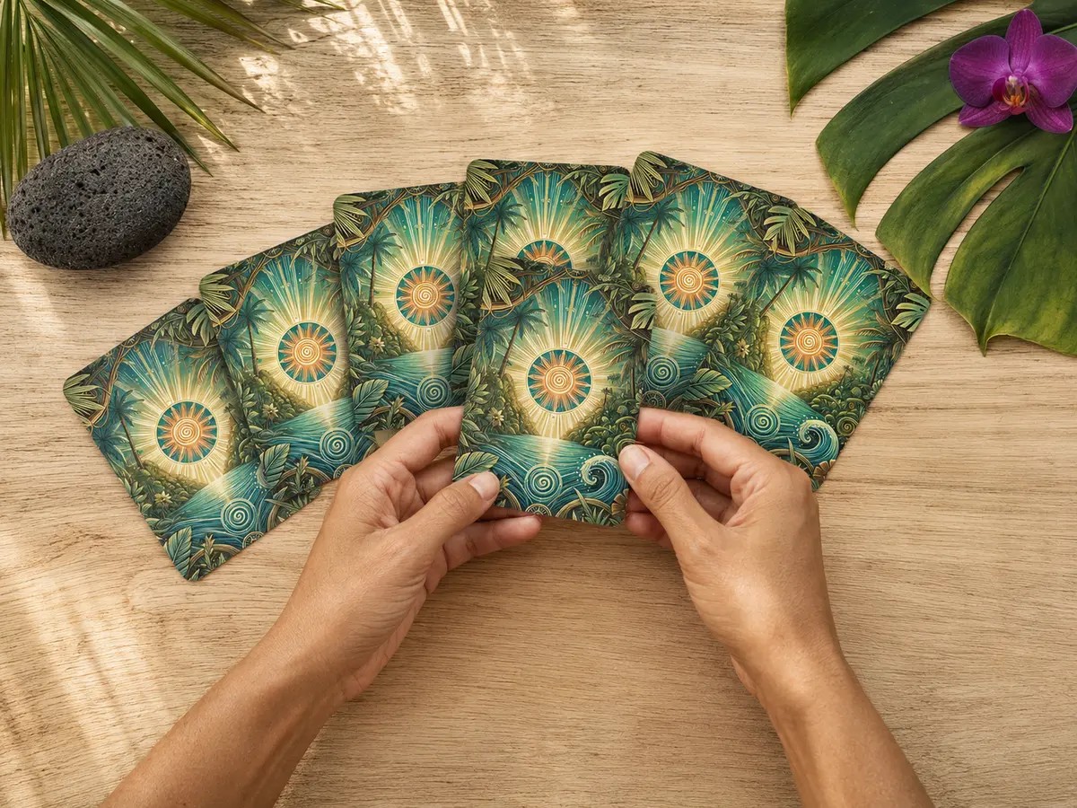 Mains choisissant une carte de l’Oracle de l’Île Intense, symbole du libre arbitre