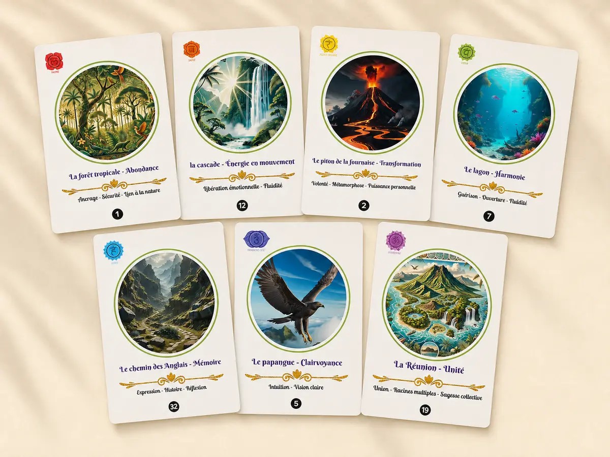 Sept cartes représentant les sept familles de chakras de l’Oracle de l’Île Intense